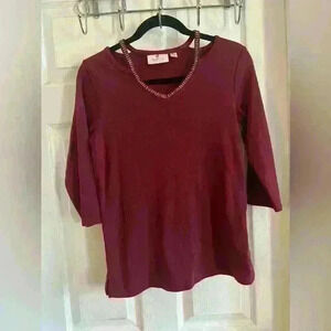 Quacker Factory Blouse XXS Burgundy Rhinestone Neckline Casual 100% Cotton